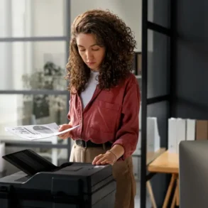 vrouw bij printer op het werk