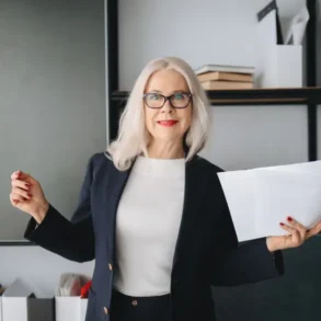 vrouw met bril houdt documenten in de hand