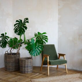 minimalistisch interieur met groene stoel en plant