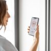Vrouw bedient slimme thermostaat via smartphone-app.