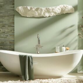 badkamer met bad met groene muur