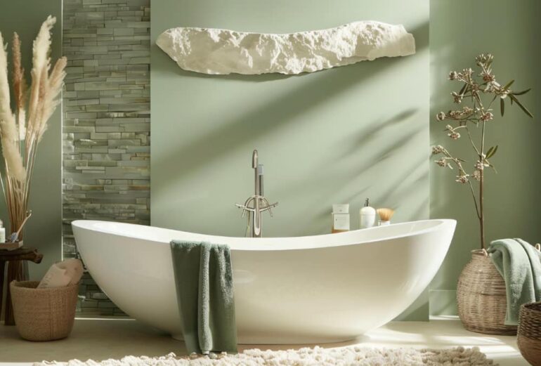 badkamer met bad met groene muur