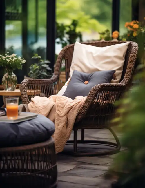 Gezellige zitplek met kussen, deken en planten.