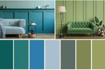 Interieur in groene en blauwe tinten met banken en kleurenpalet