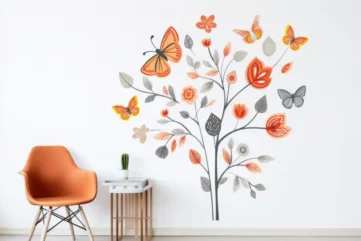 Wanddecoratie met bloemen en vlinders in woonkamer.