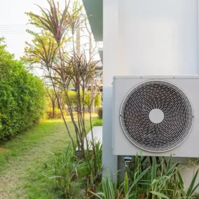 Airconditioner buitenunit naast tuin met groene heggen.