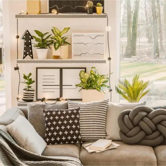 Moderne woonkamer met planten en kussens.