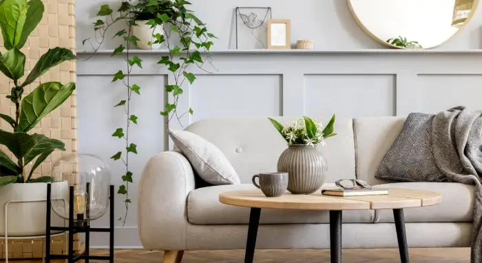 Stijlvolle woonkamer met planten en decoratie