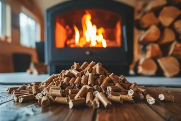 Houtpellets bij haardvuur in knusse kamer