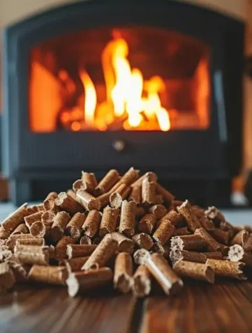 Houtpellets bij haardvuur in knusse kamer