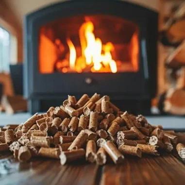 Houtpellets bij haardvuur in knusse kamer