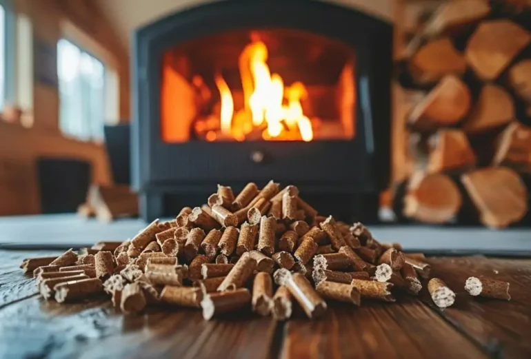 Houtpellets bij haardvuur in knusse kamer