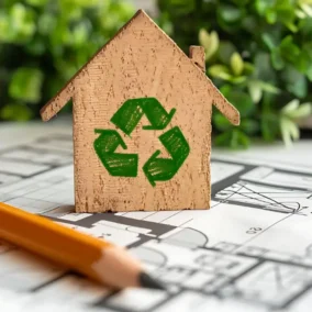 Houten huisje met recycling-symbool op bouwtekening.