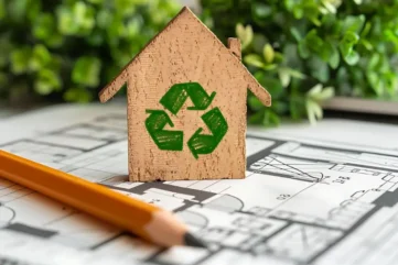 Houten huisje met recycling-symbool op bouwtekening.