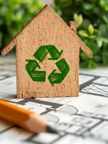 Houten huisje met recycling-symbool op bouwtekening.