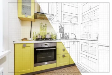 Moderne keuken half foto half lijntekening