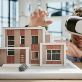Man met VR-bril bij schaalmodel van huis