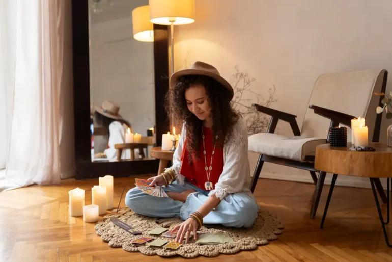 jonge vrouw zit op de grond op een kleed en leest tarot kaarten.