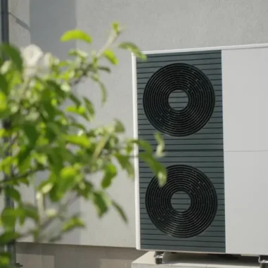 warmtepomp tegen witte muur met struik ernaast