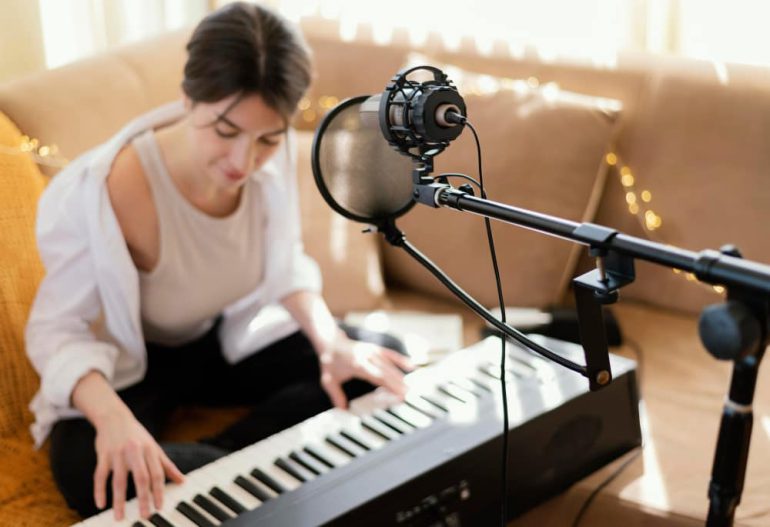 vrouw speelt keyboard met microfoon