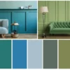 Interieur in groene en blauwe tinten met banken en kleurenpalet