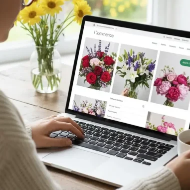 Vrouw bekijkt bloemenwinkel website op laptop.
